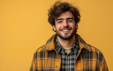Fototapeta premium A man with a mustache and a floral shirt is smiling
