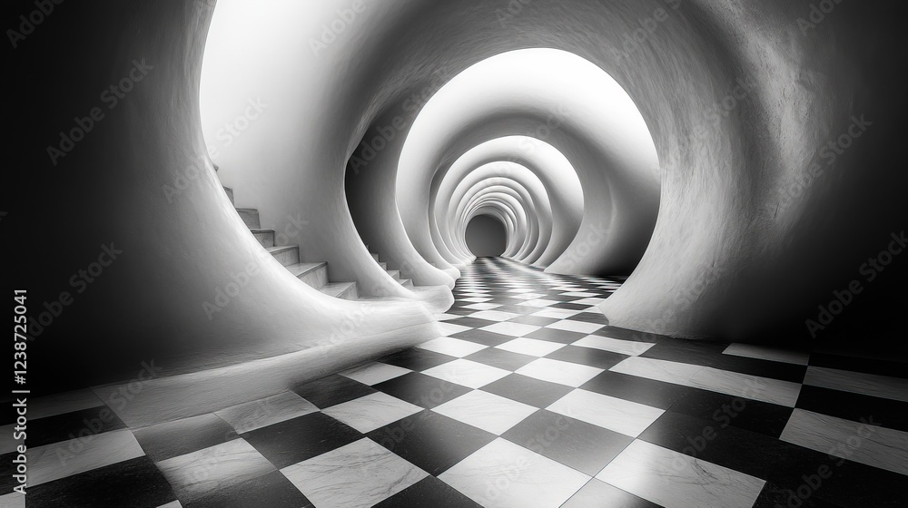 Poster tunnel with steps, white walls and a checkerboard floor; use abstract background