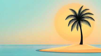 Obraz premium Tropical sunset, lone palm tree on small island, tranquil ocean; perfect for travel brochures