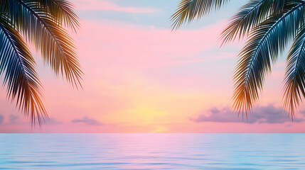 Tropical sunset beach scene, palm trees framing ocean view, ideal for travel brochures