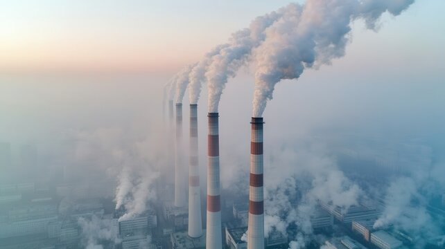 Polution in city, Smoke billows from industrial chimneys, creating a hazy skyline. The image depicts environmental pollution and its impact on air quality.