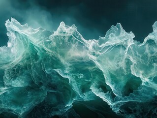 crystalline emerald waves captured mid-motion, frozen in time with delicate spray patterns, ethereal underwater photography