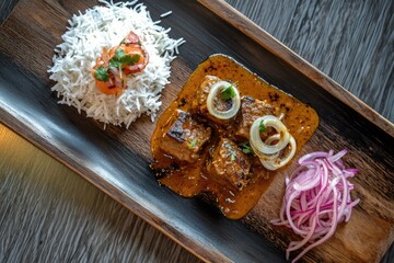 Fototapeta premium Aromatic Indian beef curry served with fluffy basmati rice and pickled onions.