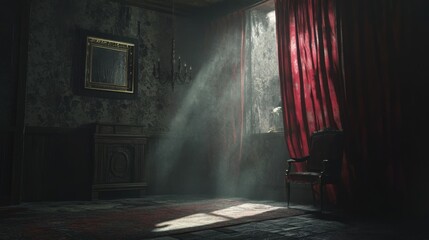 Atmospheric vintage interior with sunlight streaming through curtains, creating a moody ambiance in an old-fashioned, dusty room with a hardwood floor.