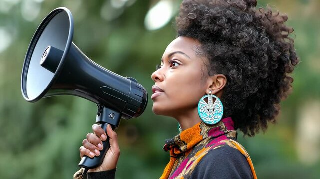 African woman shouting thru the megaphone