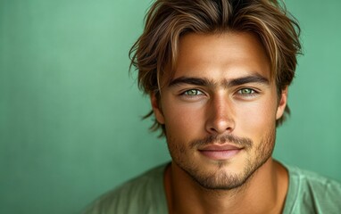 Fototapeta premium A man with a mustache and a floral shirt is smiling