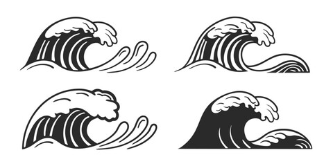 Naklejka premium Engraved Ocean Waves Sound – Vintage Black and White Illustration