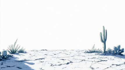 Serene Desert Landscape with Cactus and Dry Cracked Earth