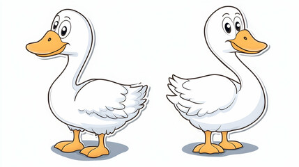 Obraz premium Two cute cartoon ducks, side profiles, white background, children's book illustration