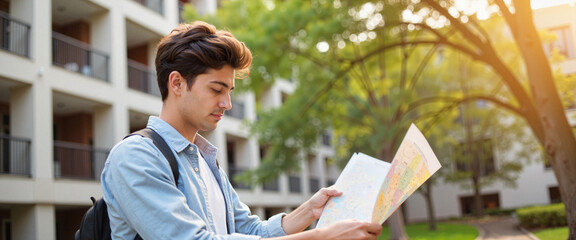 Young Hispanic male reading a map outside university, focused learning