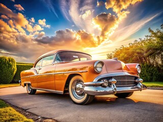 Retro parked car, vintage peach, panoramic view.