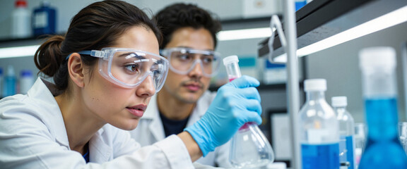 Focused students conducting experiments in chemistry lab, educational exploration