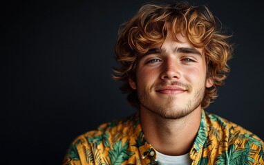 A man with a mustache and a floral shirt is smiling