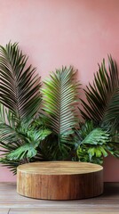 Tropical Greenery Display with Wooden Pedestal Against Pink Wall