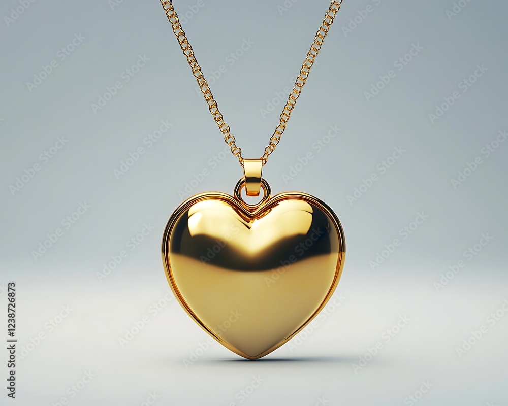 Fototapete a golden locket in the shape of a heart, hanging from a delicate chain, centered on a plain white ba