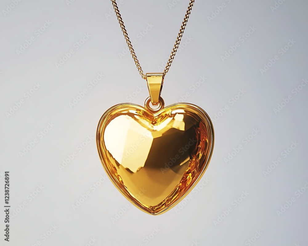 Fototapete a golden locket in the shape of a heart, hanging from a delicate chain, centered on a plain white ba