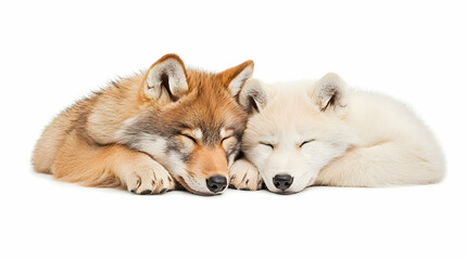 Obraz premium Two wolf pups cuddling, sleeping peacefully on white background; perfect for pet, wildlife, or nature themed projects