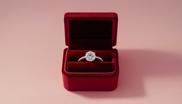 A glittering diamond ring inside an open red velvet box placed on a plain pale pink background, evoking love and commitment