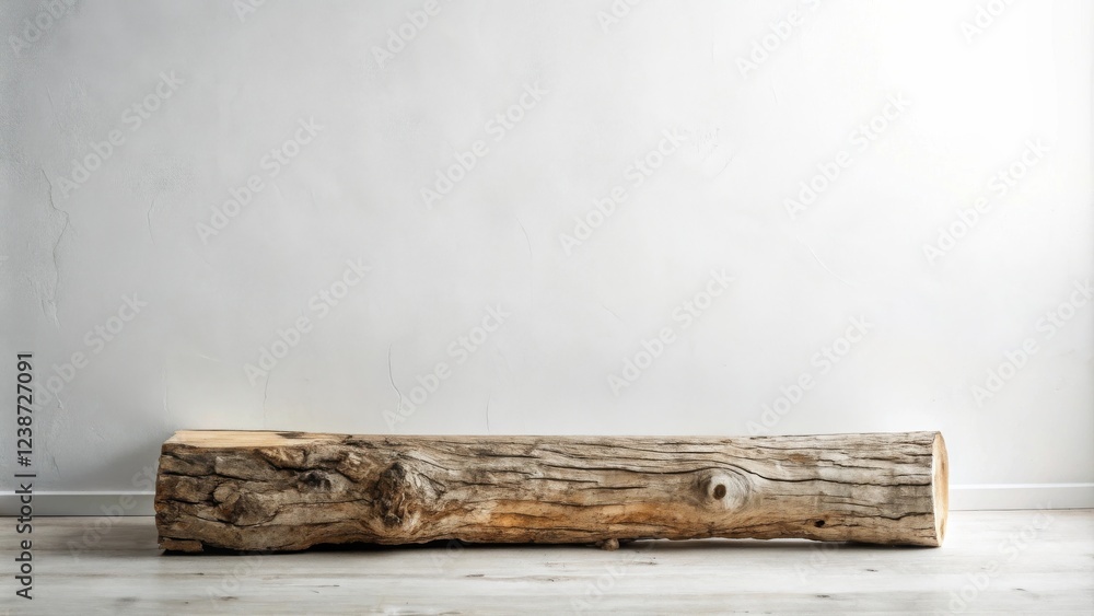 Aufkleber Rustic wooden log on light floor against a textured white wall, ideal for product display or minimalist interior design.