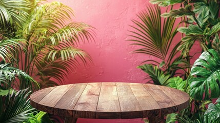 Fototapeta premium Stylish Wooden Table Surrounded by Lush Green Tropical Plants