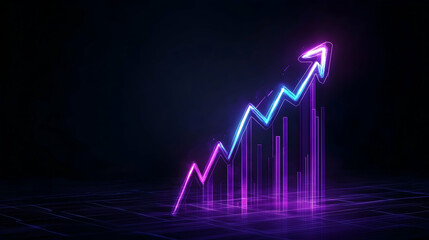 Upward trending neon arrow graph, dark background, growth concept, business success visualization