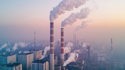 Polution in city, Aerial view of industrial chimneys emitting smoke, surrounded by a hazy cityscape at dawn, highlighting pollution and urban development.