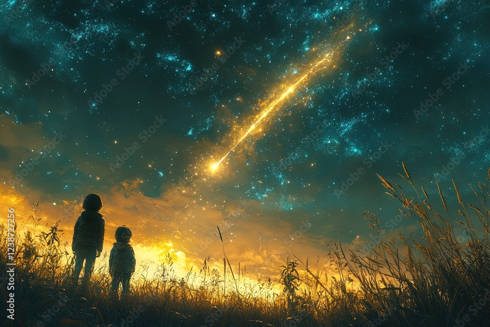 Poster two people observe a falling star in a field with clouds. possible use background