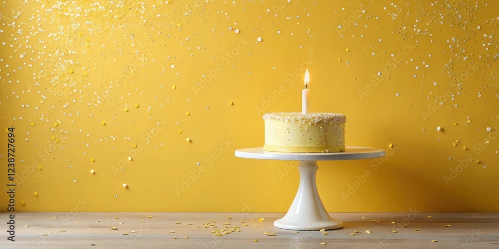 Poster a single-layered yellow cake with a lit candle on a white cake stand against a yellow background sca