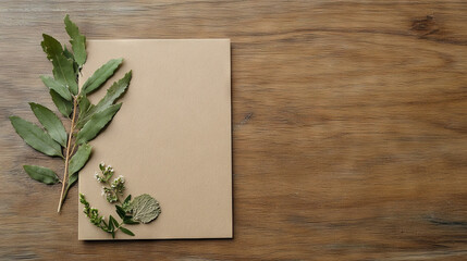 Green foliage is carefully placed next to a blank sheet of textured paper on a wooden surface, creating an inviting setup for crafting or artistic projects in a serene, nature-inspired environment