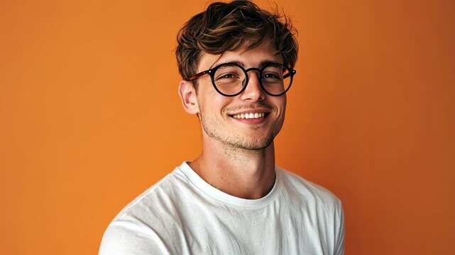 A handsome young man with glasses and short hair, wearing a white t-shirt and smiling at the camera, generative AI