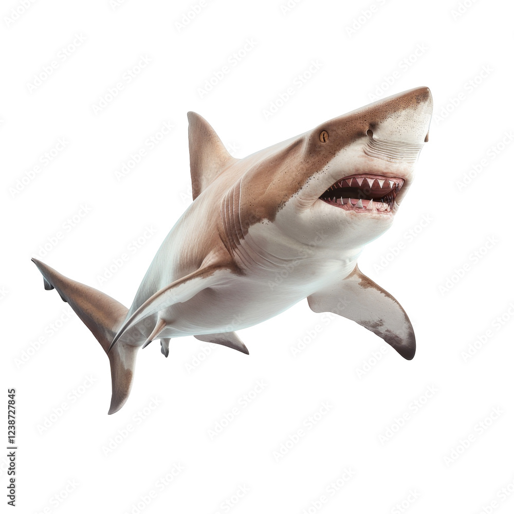 Poster realistic underwater shark close-up showing sharp teeth in an intimidating pose