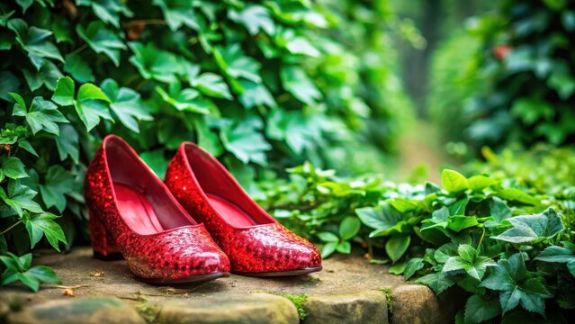 Vintage style Ruby slippers in front of a lush emerald green foliage , Ruby Slippers
