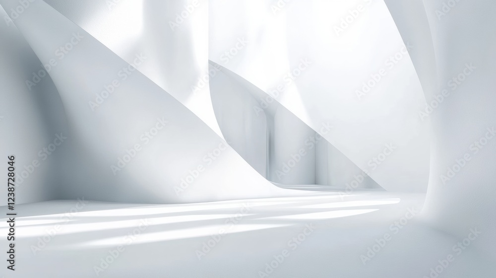 Poster abstract curves and light in a white architectural space with minimalist design