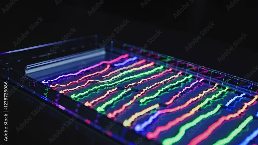 Poster colorful wave patterns created with oscilloscopes in a dark lab setting showcasing sound frequencies