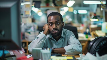 Fototapeta premium Pensive man in office setting with cluttered desk and computer