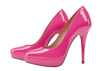 Pair of pink high-heeled shoes with a glossy finish isolated on white background