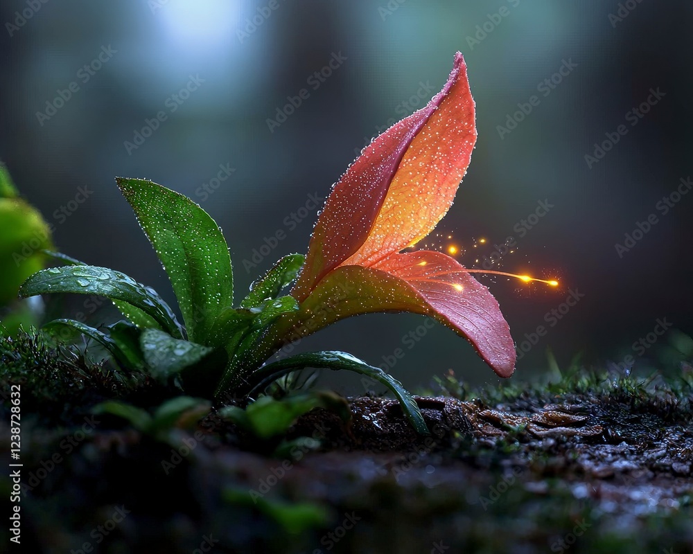 Aufkleber enchanted flower with dew drops and soft glow in a mystical forest setting
