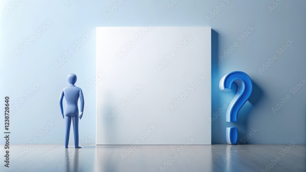 Poster a person contemplates an unknown future, symbolized by a large question mark and a blank canvas