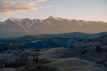 Sunset Over Serene Mountain Landscape In Altai Mountains