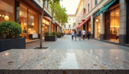 A serene shopping street with warm lights and pedestrians enjoying a leisurely stroll.