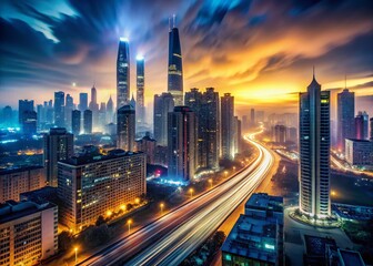 Fototapeta premium Dystopian Cityscape at Night: Long Exposure of Glowing Towers and Smog