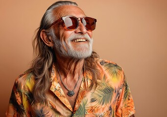 A man with a long beard and a Hawaiian shirt is smiling