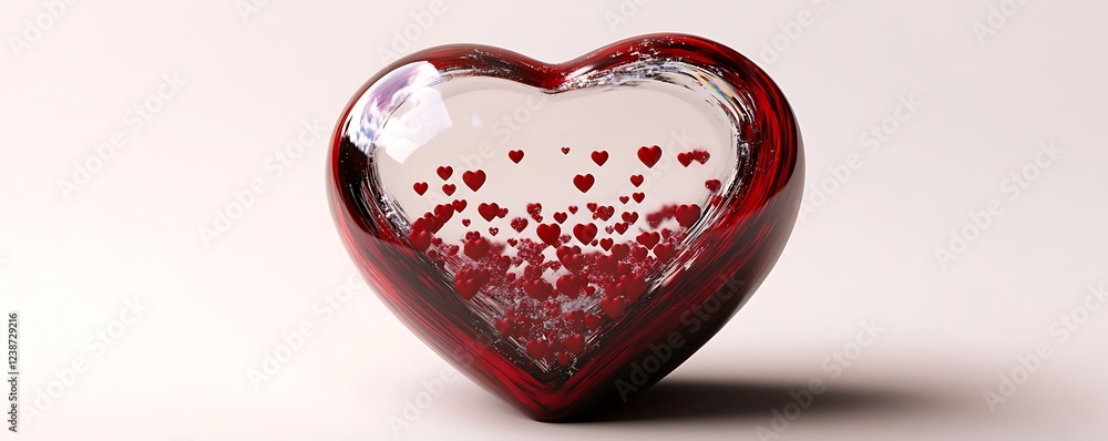 Fototapete a heart-shaped snow globe with tiny red hearts floating inside, resting on a solid white background