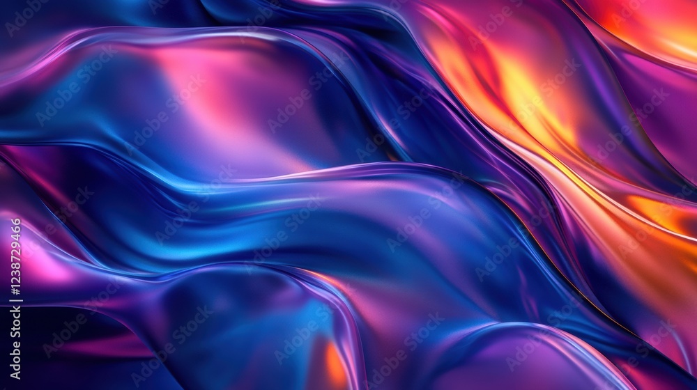 Poster abstract fluid forms with dynamic shimmering colors and smooth shiny reflective texture