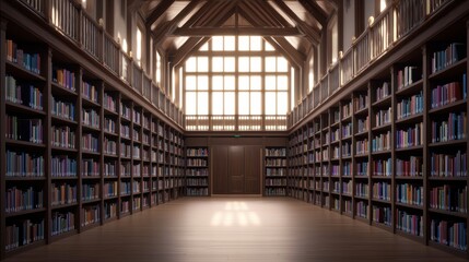 Fototapeta premium Serene Library Interior with Wooden Shelves and Natural Light