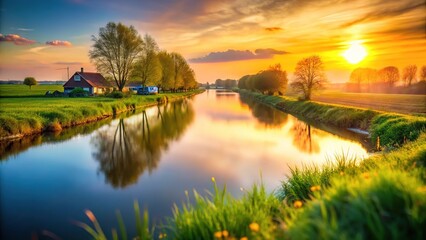 Spring riverbank, tilted view, sunset art.