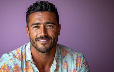Fototapeta premium A man with a mustache and a floral shirt is smiling