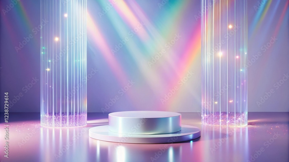 Poster Abstract Pastel Display with Illuminated Columns and Shimmering Base