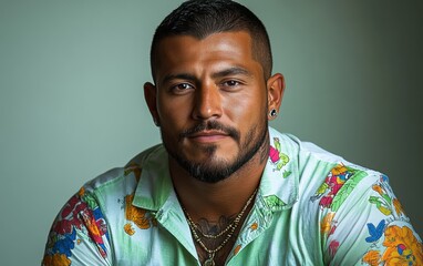 A man with a mustache and a floral shirt is smiling