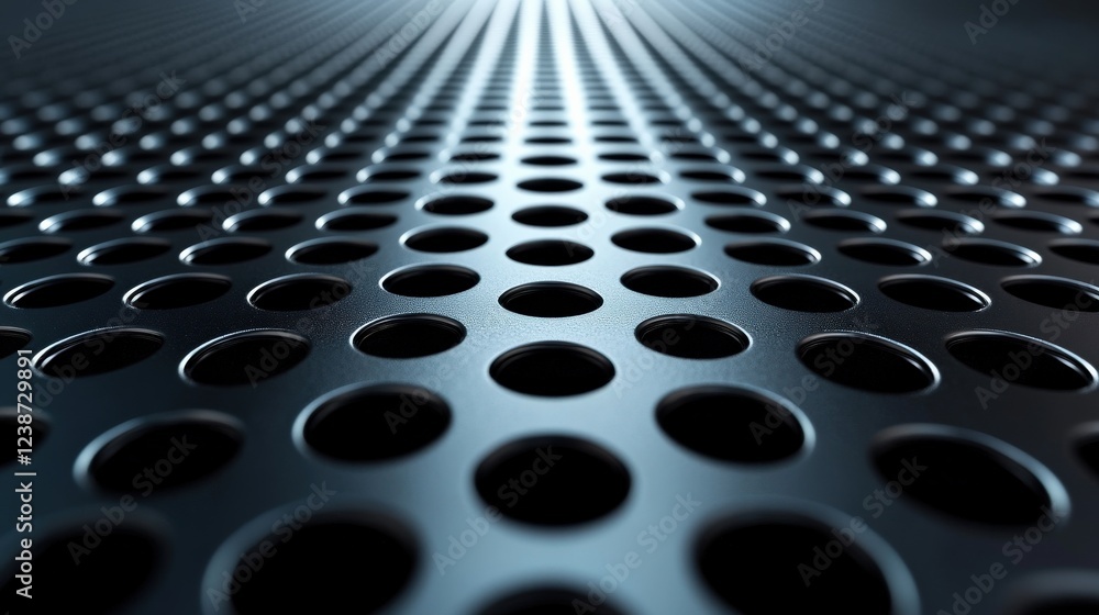 Poster close-up view of a metallic surface with circular perforations, showcasing depth and texture